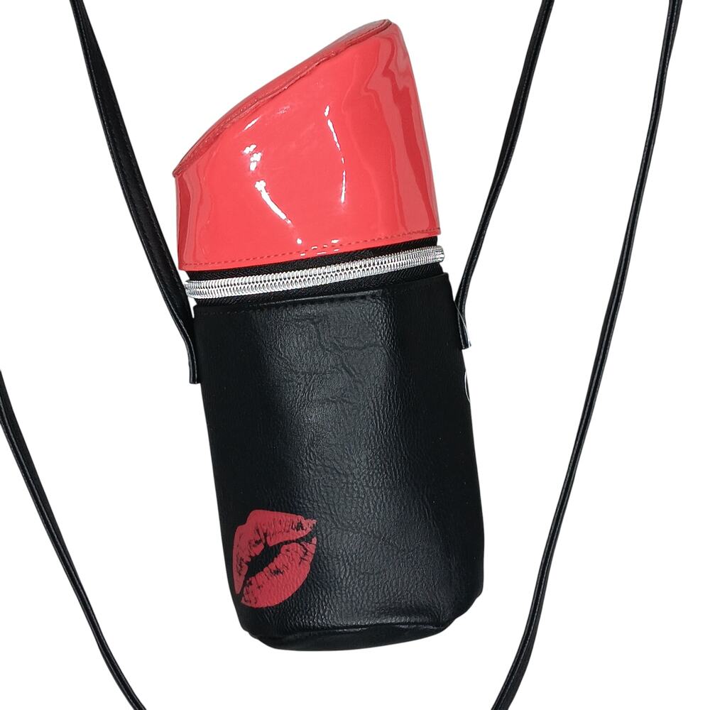 Lipstick Mini Crossbody Bag / Purse Black Vegan Leather/Red Vinyl Zipper Closure